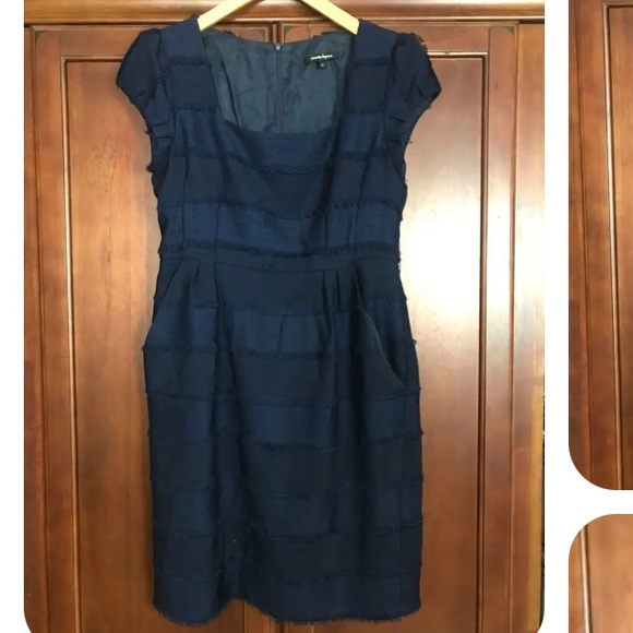 Nanette Lepore Blue Fringe Tweed Square Neck Dress Size 12 - Picture 2 of 11